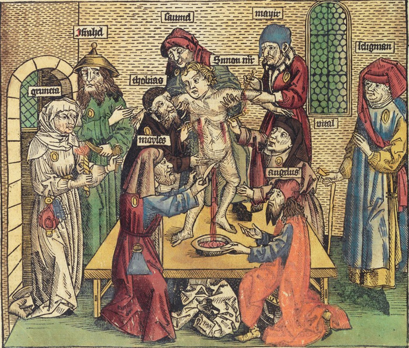 Martyrdom of Simon von Trent, depiction from the Nuremberg World Chronicle by Hartmann Schedel A medieval illustration of a group of men wearing brightly coloured robes attacking a young naked child.