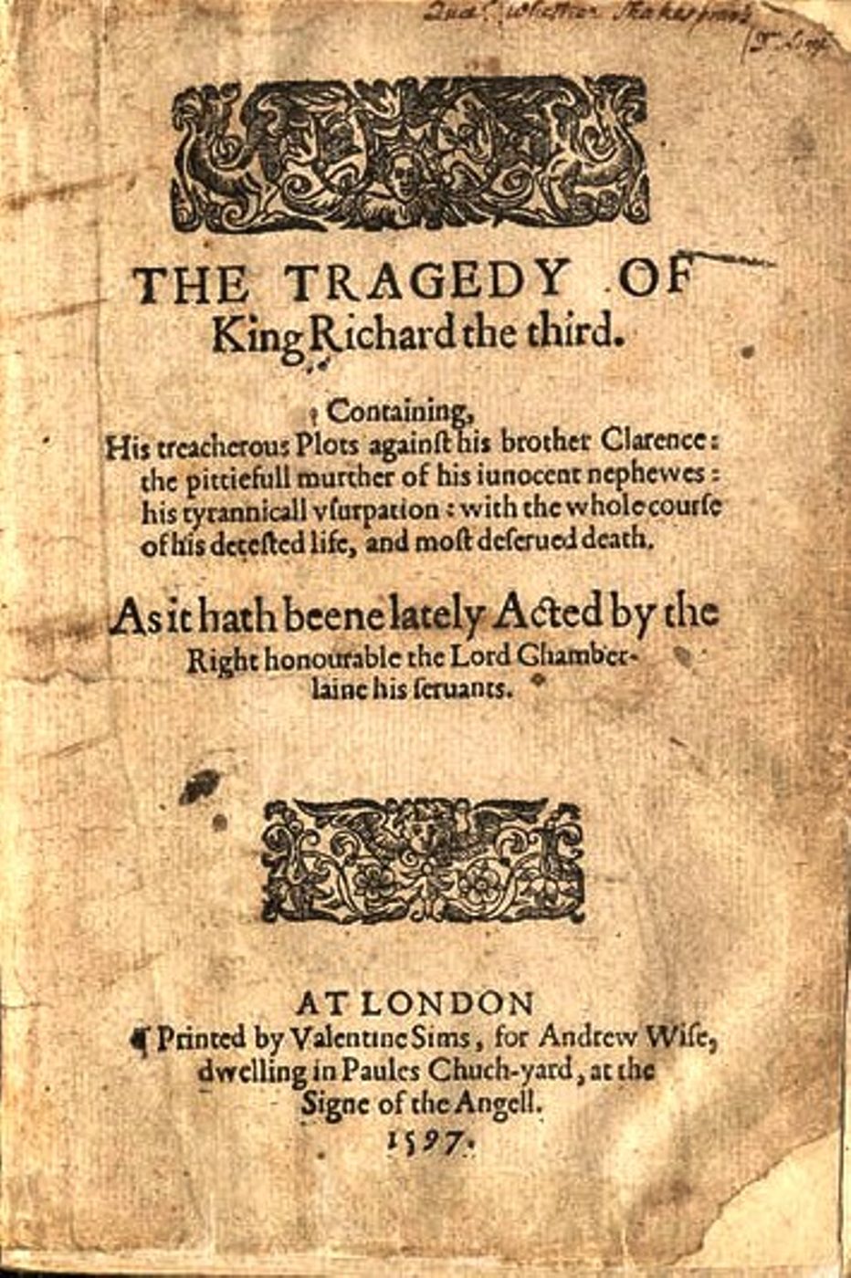 Richard III 1594 quarto cover Cover of the 1594 quarto of Richard III.