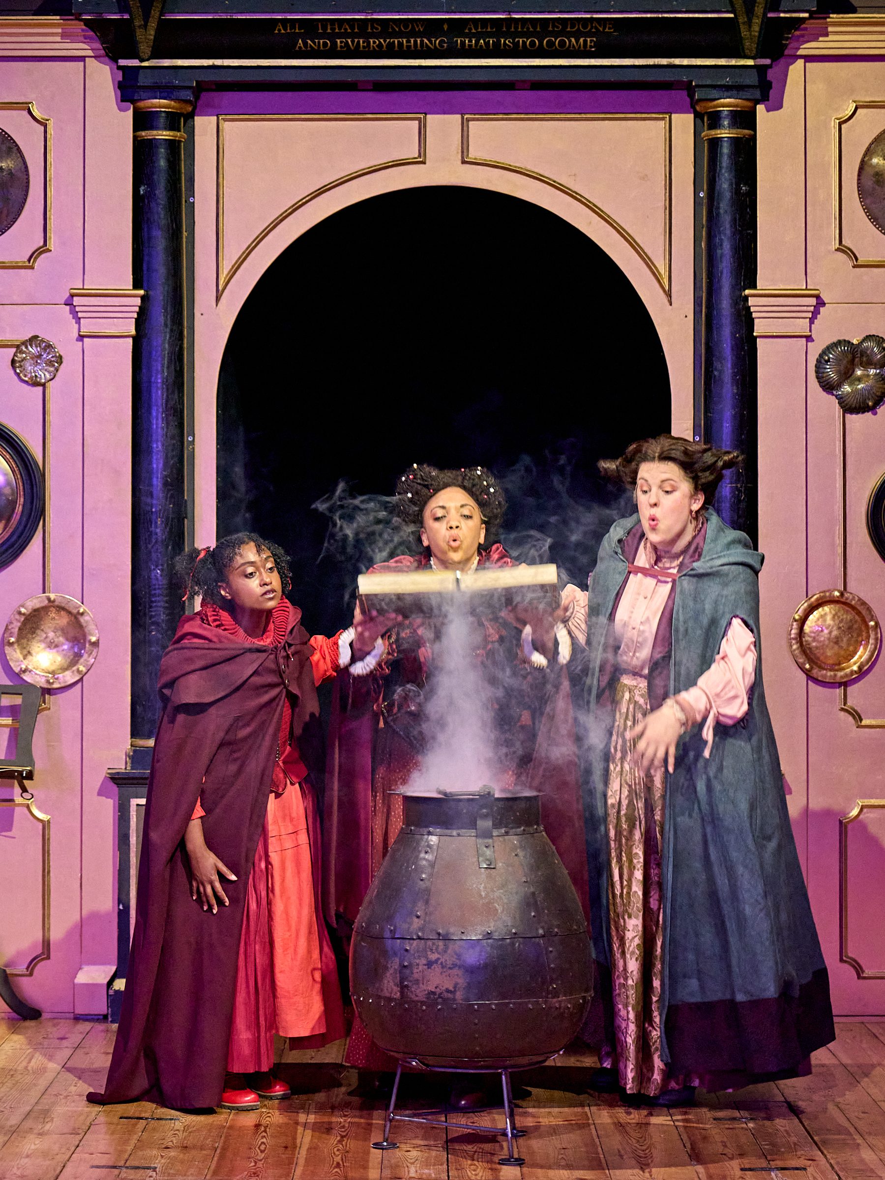 Rosemarie Akwafo as Nona, Janet Etuk as Morai, and Bryony Twydle as Audeja in Rough Magic. Photography by Manuel Harlan.