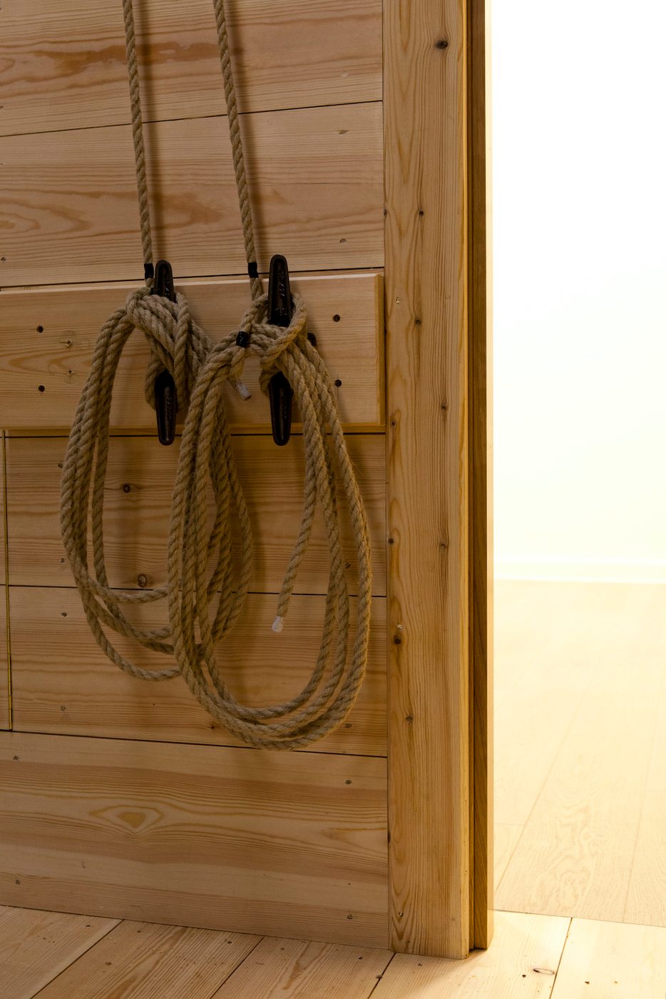 Sam Wanamaker Playhouse Pete Le May Ropes are tied to handles against a wooden wall