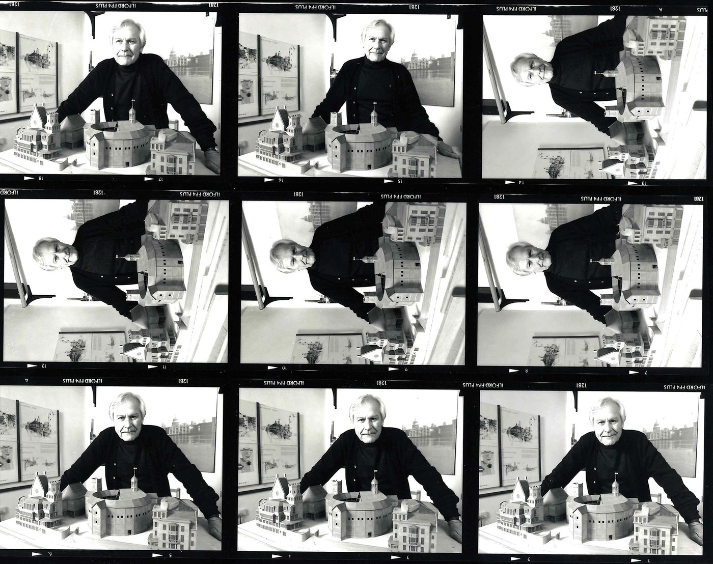 Sam Wanamaker Globe Theatre Shakespeare's Globe A strip of black and white photographs of a man stood by a model theatre