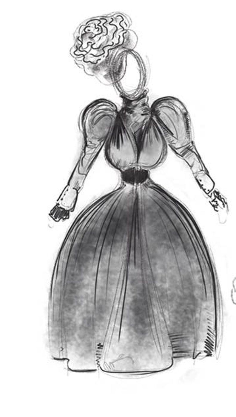 Costume sketch by Oli Townsend. It appears to be a charcoal sketch, all in black and white. It shows a woman in a large frilly hat, with voluminous sleeves and an even more voluminous skirt. She holds her arms stiffly out to the sides.