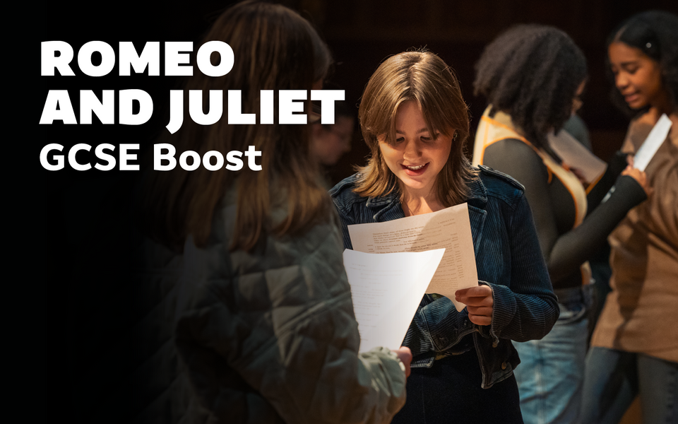 Teenagers reading scripts and smiling. White text reads "ROMEO AND JULIET GCSE Boost"